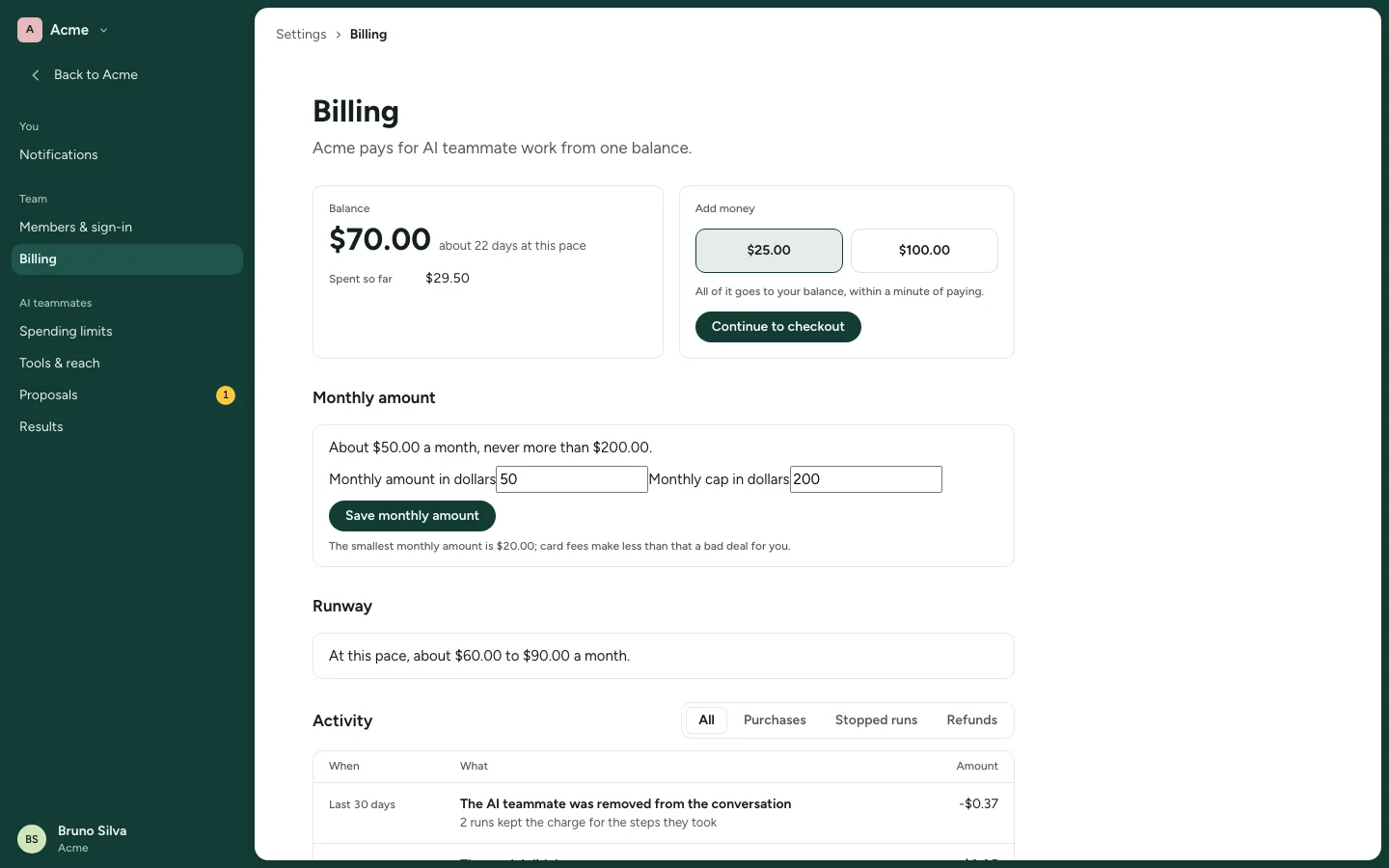 Billing in Settings: the balance, the runway and an activity list.