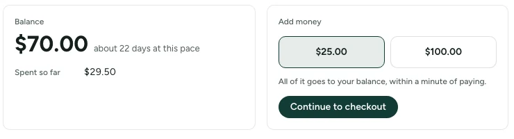 Billing in Settings: a balance of $70.00, about 22 days at this pace, and Add money with $25.00 and $100.00.