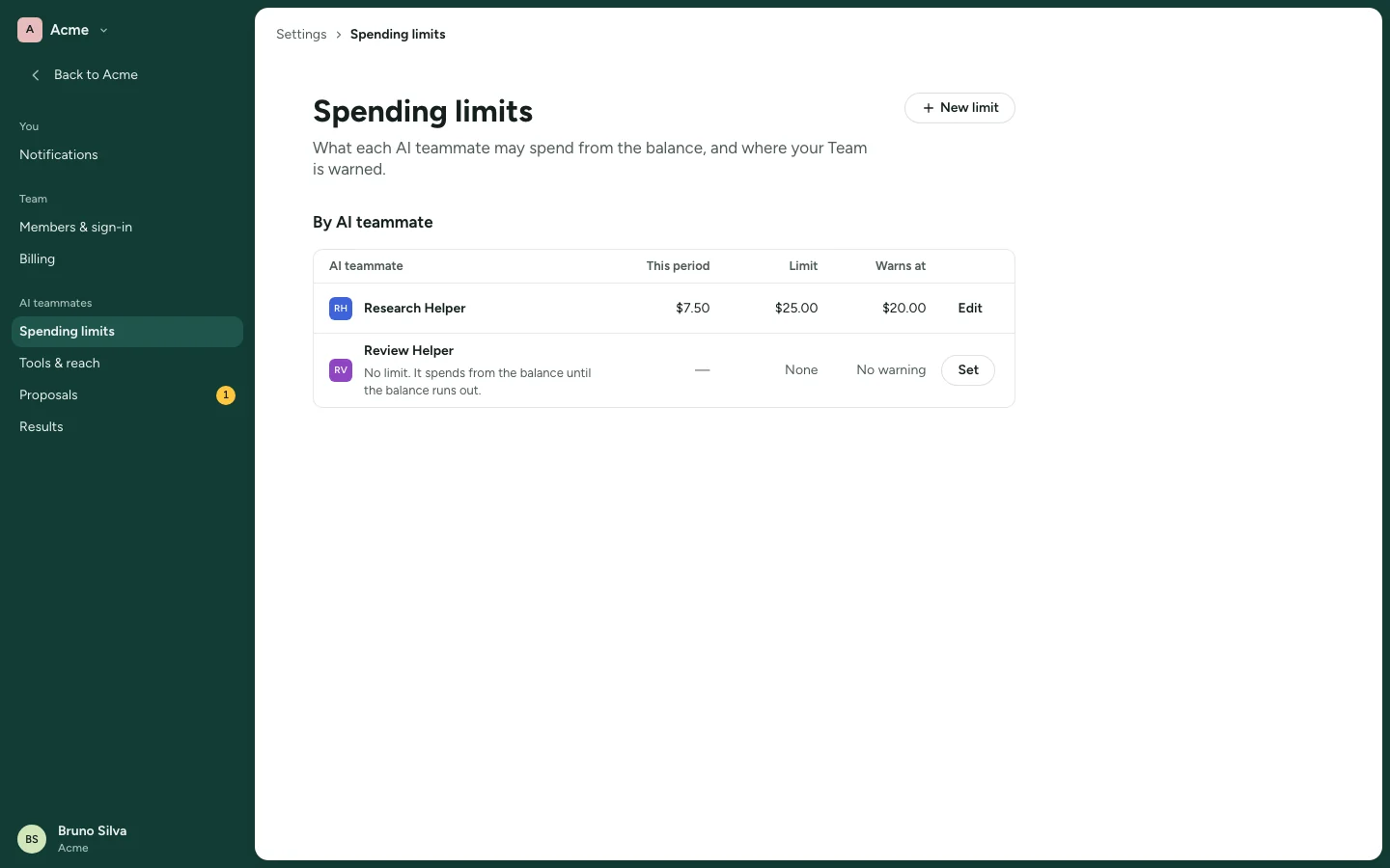 Spending limits in Settings: a table of AI teammates with what each has spent this period, its limit and where it warns.