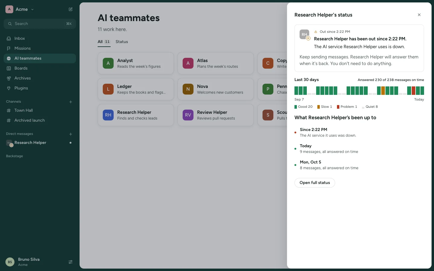 The AI teammates page with Research Helper's status open: it shows when it was out and the last 30 days, with the sidebar's Backstage group on the left.