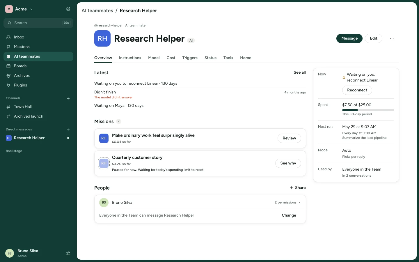 An AI teammate's page in Duly: its latest activity, who can use it, and what it has spent of its limit.
